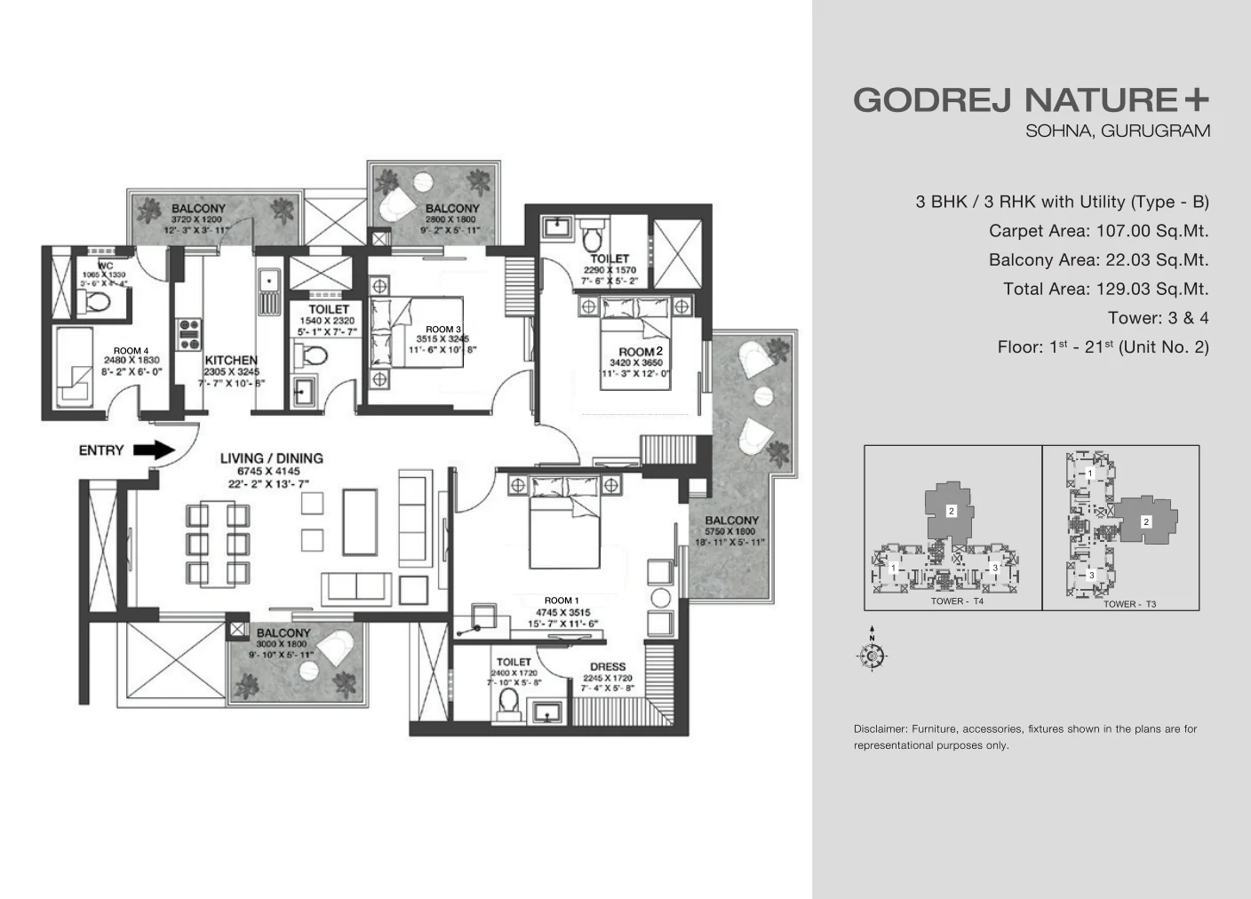 3 BHK + 2T floor plan of Hero Leafsong Retreat, 1,650 sq ft (indicative)