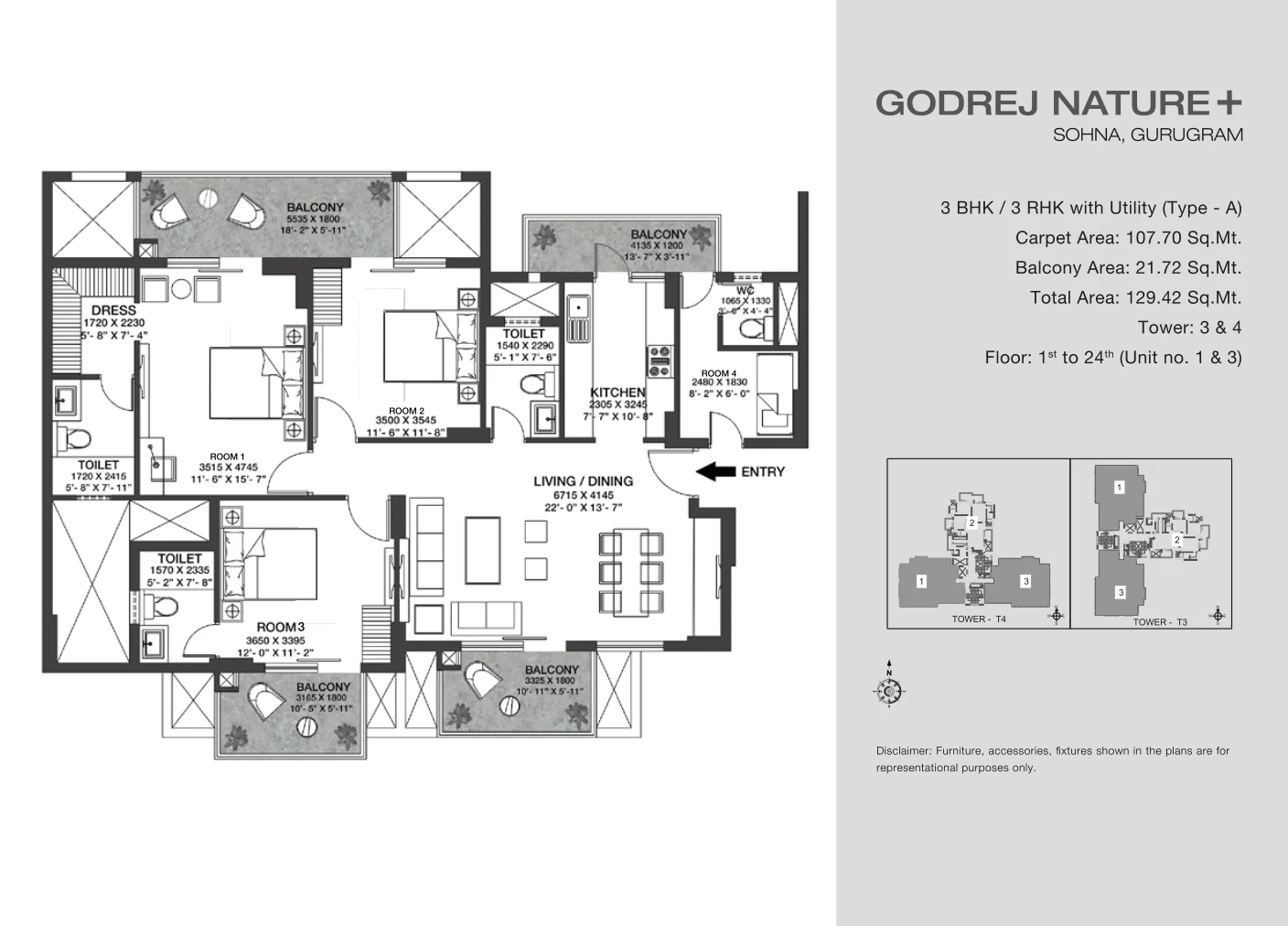 3 BHK + 3T floor plan of Hero Leafsong Retreat, 1,800 sq ft (indicative)